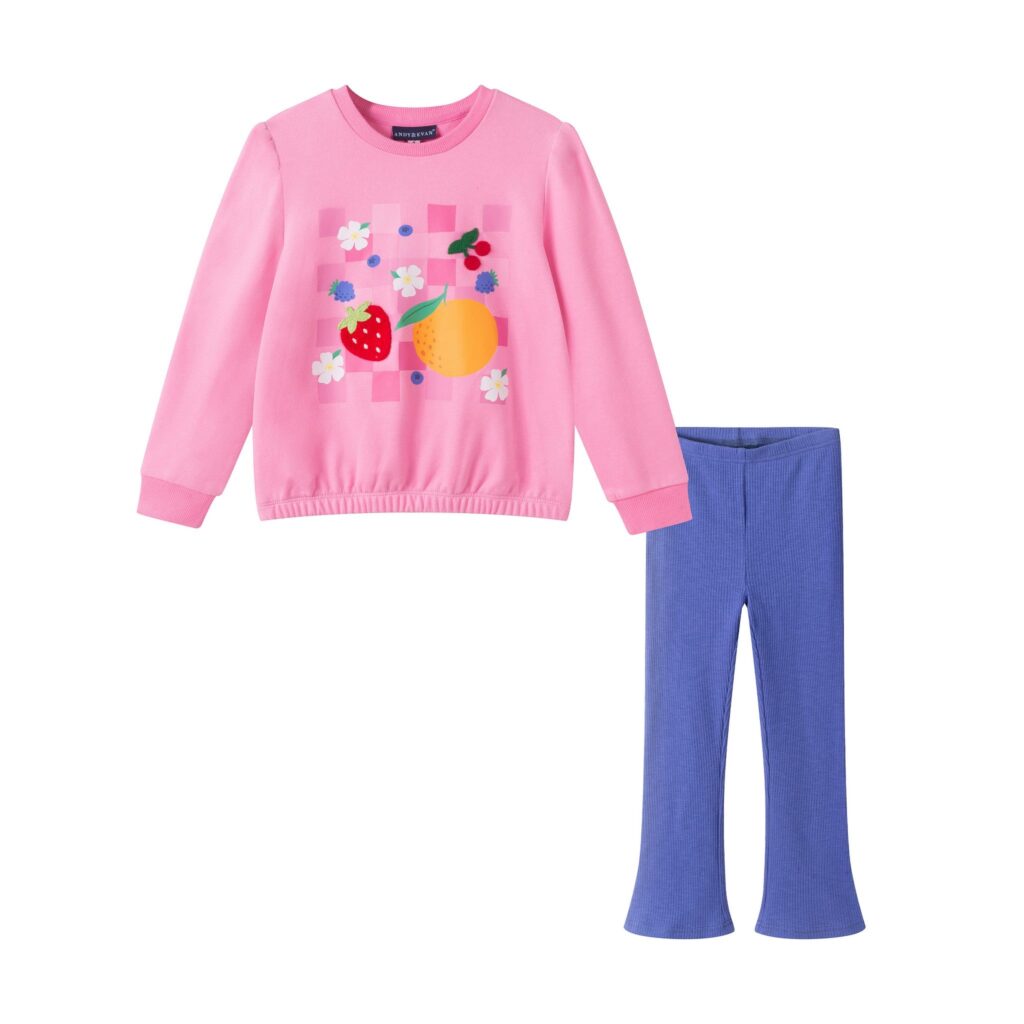 A Closer Look at Girls Pink Graphic Sweatshirt & Blue Flare Legging Set | Pink Fruit