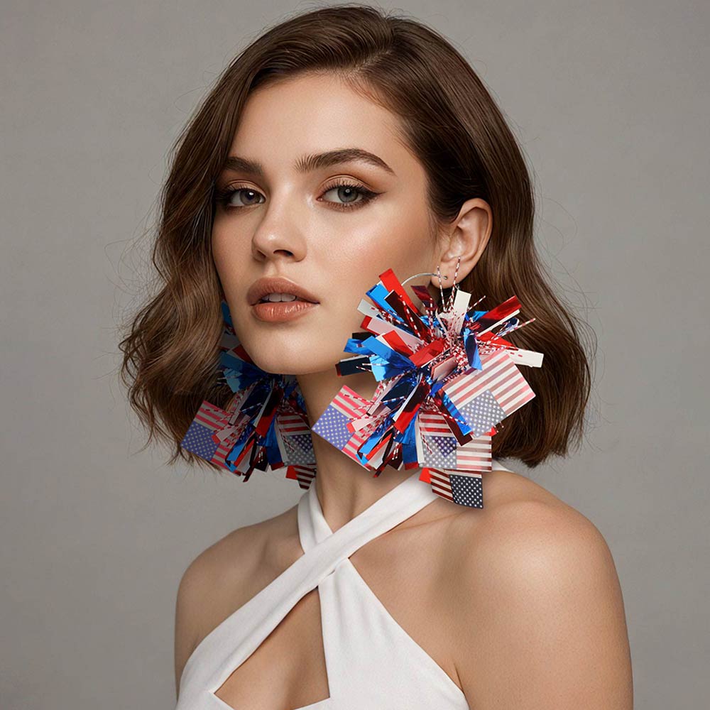A Closer Look at American USA Flag Tinsel Festive Statement Hoop Earrings