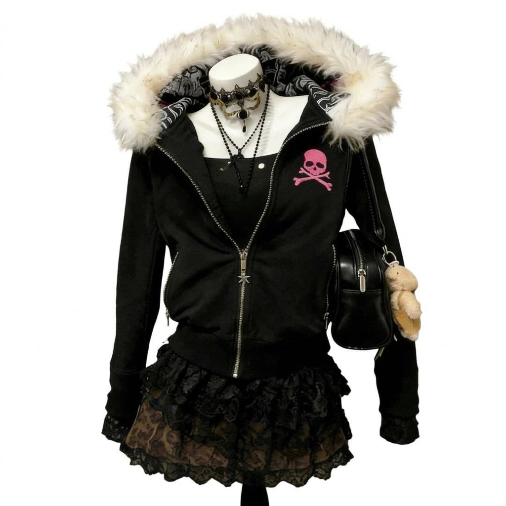 Jirai Kei Skull Faux Fur Hood Zip Hoodie Jacket with Lace Trim: Complete Review
